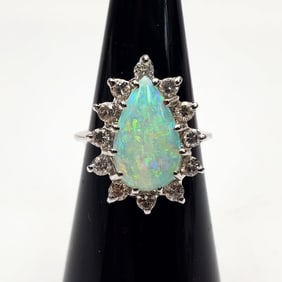 Fine 14K White Gold, Diamonds, & Opal Ring