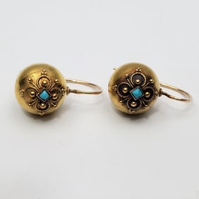 Pair of Victorian Style Gold & Turquoise Earrings