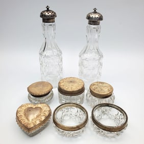 Lot of 8 Early Sterling Silver & Glass Items