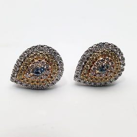Pair 18K Gold & Fancy Dark Blue Diamond Earrings