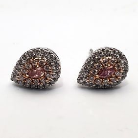 Pair 18K Gold & Fancy Dark Pink Diamond Earrings