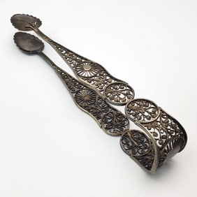 Antique Russian Reticulated 84 Silver Sugar Tongs