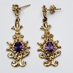 Pair Vintage 14K Gold & Amethyst Dangle Earrings