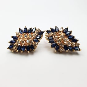 Pair of 14K Gold Earrings w/ Sapphires & Diamonds