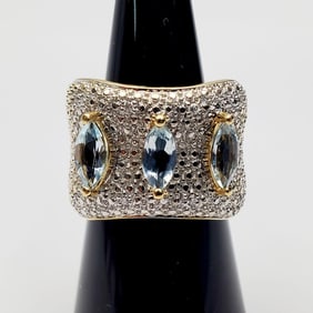 14K Gold Wide Band Ring w/ Prob. Aquamarine Stones