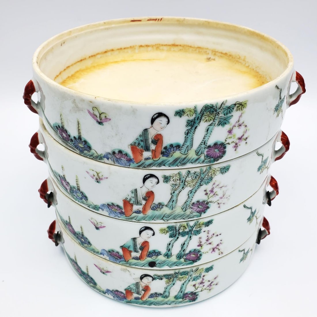 Set of 4 Chinese Porcelain "Lunch" Stacking Bowls: Set of 4 Chinese Porcelain "Lunch" Stacking Bowls. Signed on the Bottom. Condition: Generally Good. Dimensions: Each Bowl-Dia-6.5" x H-1.5". Total H-6.25". Provenance: From a Long Island, NY Home. Ple