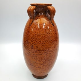 Chinese Glazed Pottery Vase w/ 4 Handles