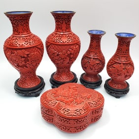 Lot of 5 Chinese Cinnabar Items w/ Original Bases