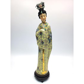 Chinese Cloisonne Figure of a Woman on Wood Base