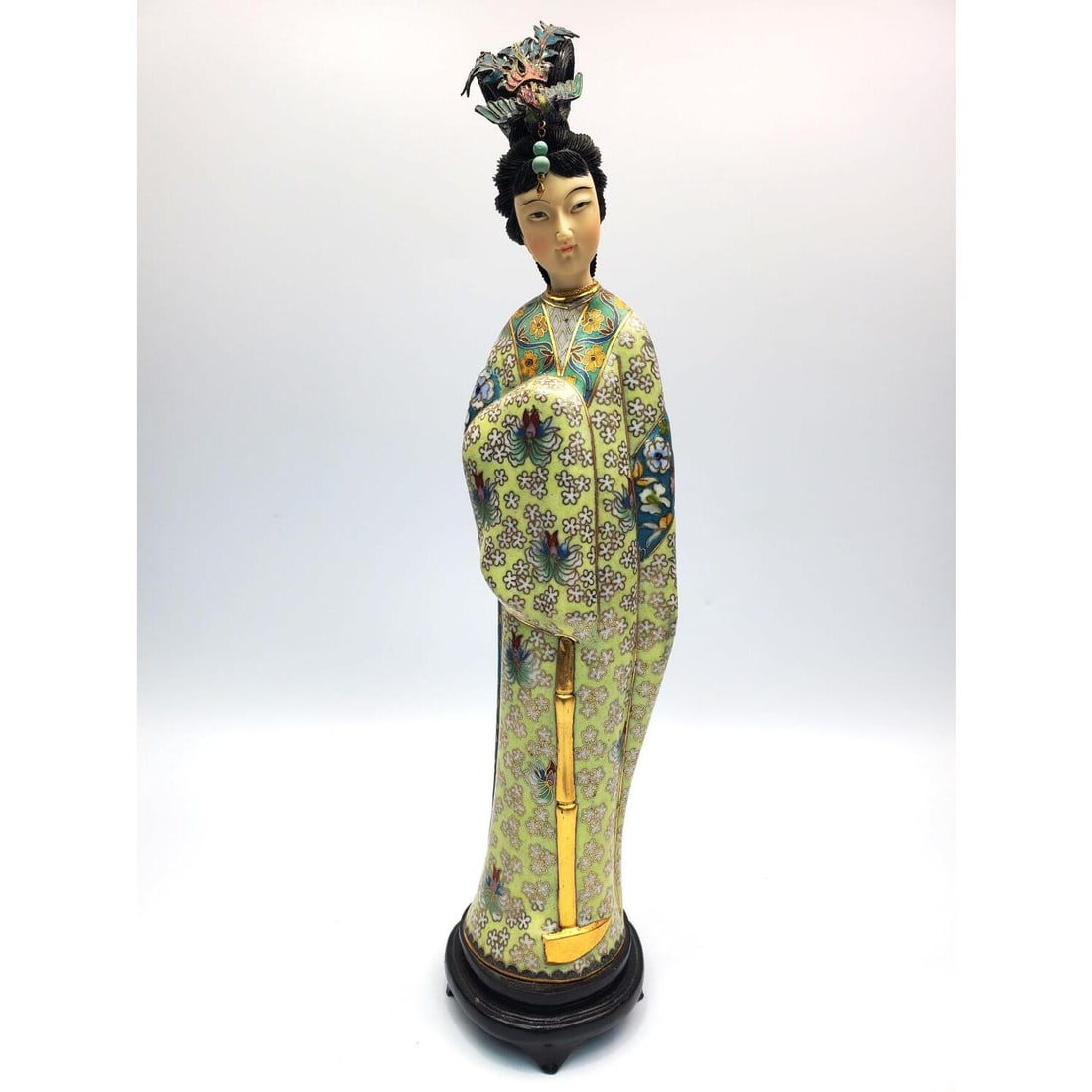 Chinese Cloisonne Figure of a Woman on Wood Base: Chinese Cloisonne Figure of a Woman on Wood Base. Condition: Generally Very Good. Dimensions: H-13.75". Provenance: From a Long Island, NY Home. Please note the absence of a Condition Report does not