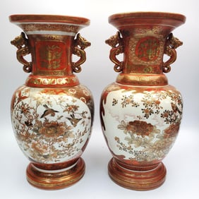 2 Signed Japanese Meiji Large Satsuma Vases