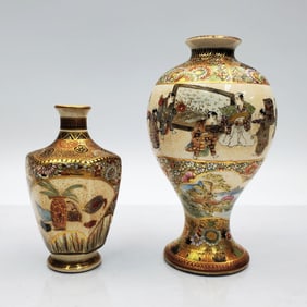 2 Antique Japanese Signed Small Satsuma Vases