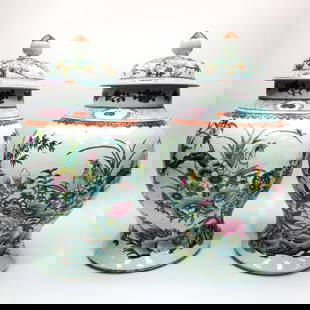 Pair of Chinese Porcelain Famille Rose Jars: Pair of Chinese Porcelain Famille Rose Covered Jars. Condition: Generally Very Good. Dimensions: Dia-9" x H-18". Provenance: From a Long Island, NY Home. Please note the absence of a Condition Report