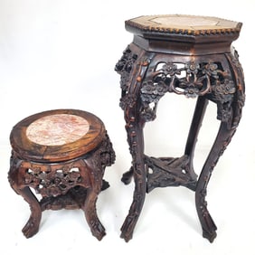 2 Vintage Chinese Teakwood Tables w/ Marble Tops