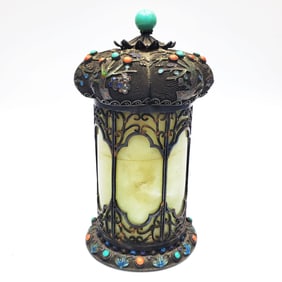 Chinese Silver & Jade Tea Caddy w/ Stones