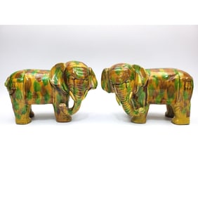 Pair of Chinese Signed Glazed Porcelain Elephants