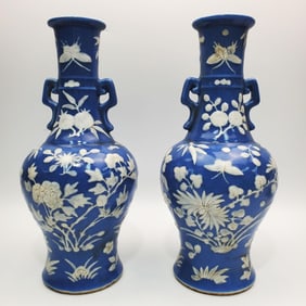 Pair of Chinese Pate Sur Pate Blue & White Vases
