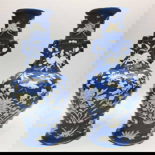 Pair of Chinese Pate Sur Pate Blue & White Vases: Pair of Chinese Pate Sur Pate Blue & White Vases w/ Decorations of Flowers & Butterflies. Condition: Generally Very Good. Dimensions: Each H-11" x Dia-5". Provenance: From a Long Island, NY Home. Plea