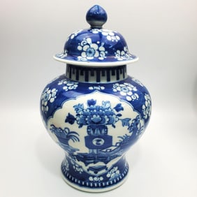 Chinese Signed Blue & White Covered Jar