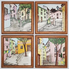 Lot of 4 Portuguese Hand Painted Porcelain Tiles