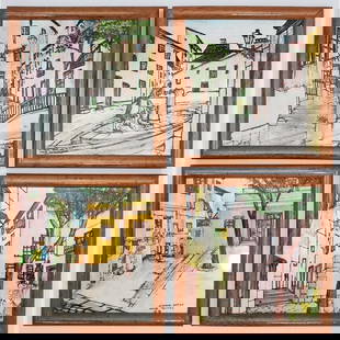 Lot of 4 Portuguese Hand Painted Porcelain Tiles: Lot of 4 Portuguese Hand Painted Porcelain Tiles Depicting "Lisboa-Antiga". All Are Framed & Marked. Condition: Generally Very Good. Dimensions: Tile-5.5" x 5.5". Frame-7" x 7". Provenance: From a New