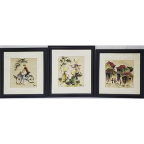 Set of 3 Asian Paintings Watercolor on Rice Paper