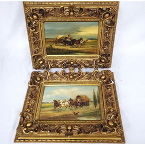 2 Antique Hungarian Signed Paintings Oil on Board