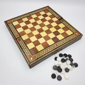 Vintage Marquetry Wood Folding  Backgammon Set