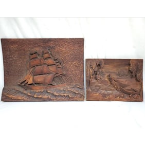 Lot of 2 Antique Relief Carved Wood Plaques