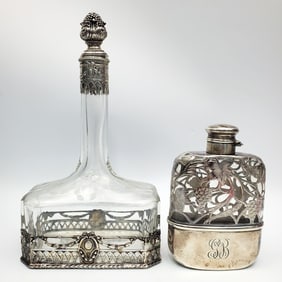 Sterling Silver & Glass Flask & Bottle