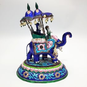 Indian Silver & Enamel Elephant & Riders Figure
