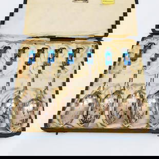 Set of 6 English Aesthetic Sterling Silver Spoons: Unusual Set of 6 English Aesthetic Sterling Silver & Enamel Spoons. In Original Fitted Box. Fully Hallmarked. Condition: Spoons Are Tarnished & Box is As Found. Dimensions: Each Spoon-L-5". Box-7.5" x