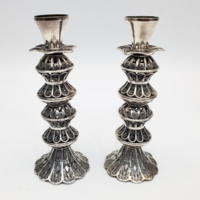 Judaica Pair of Silver Bezalel Style Candlesticks