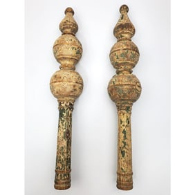 Judaica Pair of Antique 19th C. Wood Torah Finials