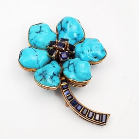 14K Gold & Turquoise Flower Brooch