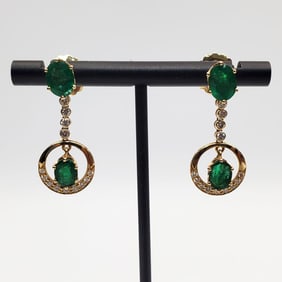 Pair of 18K & 14K Gold Earrings w/ Emeralds