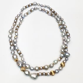 Unusual 14K Gold, Baroque Pearl & Diamond Necklace