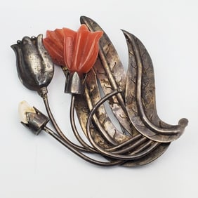 Large Sterling Silver Flower Brooch Pin w/ Agate