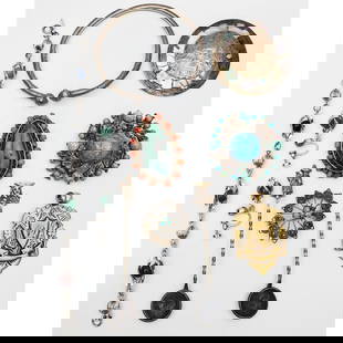 Lot of Silver Items Including Jewelry & Spoons: Lot of Silver Items Including Jewelry & Spoons. Some w/ Semi Precious Stones. Condition: Generally Good w/ Tarnish. Dimensions: Various Sizes. Gross Weight: 117.7g/3.7ozt. Provenance: From a New Jerse