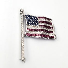14K Gold, Diamonds, Rubies & Sapphires Flag Pin