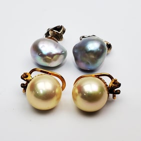 2 Pair of Large 14K Gold & Pearl Earrings