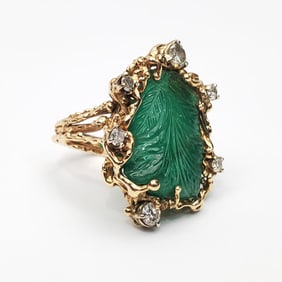 Large 14K Gold, Diamonds & Carved Emerald Ring