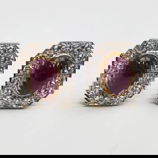 Fine Pair of 18K Gold, Diamonds & Ruby Earrings: Fine Pair of 18K Gold, Diamonds & Ruby Earrings w/ High Quality Diamonds & Rubies. Condition: Excellent. Dimensions: 0.6" x 0.5". Gross Weight: 16.5g/10.6dwt.Provenance: From a Long Island, NY Home. P