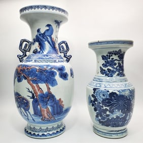 2 Chinese Blue & White Porcelain Vases w/ Seals