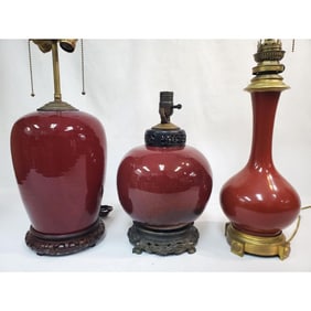 3 Old Chinese Sang De Boeuf Porcelain Lamps Vases