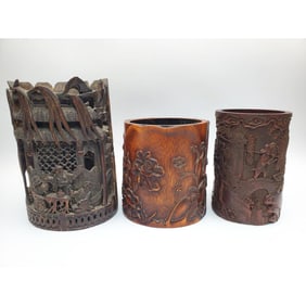 Lot of 3 Chinese Carved Bamboo Wood Brush Pots