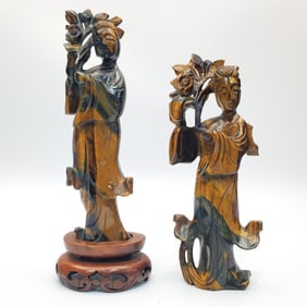 Chinese Pair of Tiger Eye Guanyin Sculptures