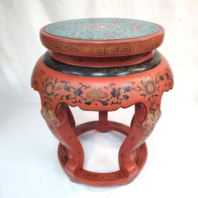 Rare Chinese Red Lacquer Stool w/ Cloisonne Top