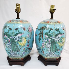 Pair of Old Chinese Enameled Porcelain Jar Lamps