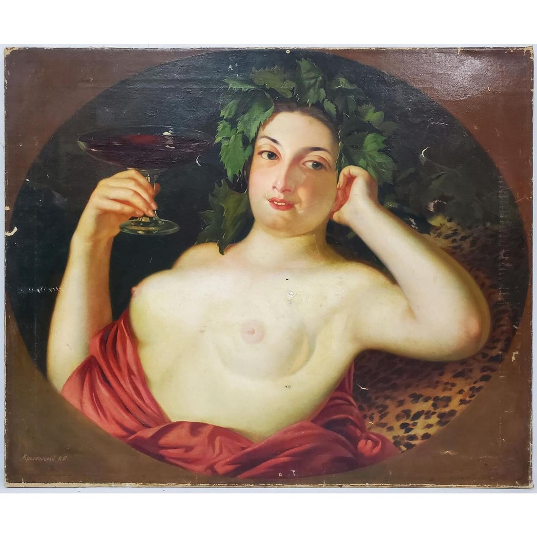 Antique Russian Painting Oil on Canvas "Nude": Antique Russian Painting Oil on Canvas "Nude". Signed Lower Left in Russian, Translates to "Kryzhytsky". Unframed. Condition: Holes & Paint Losses Due to Age. Dimensions: W-28" x H-23". Provenance: Fr